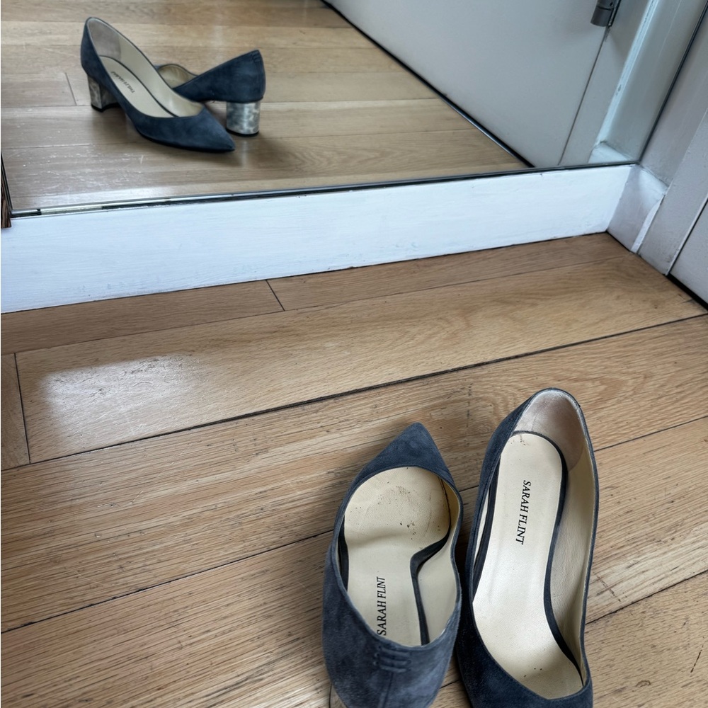 Sarah Flint Perfect Emma Charcoal Suede Pointed Block Heel Pumps